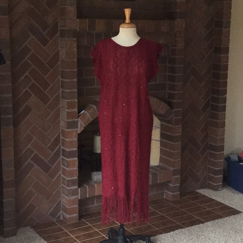 New Pretty Angel Red fringed sweater dress OS